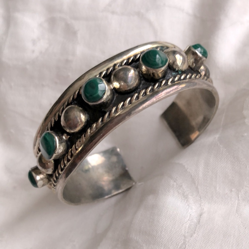 Sterling Silver Bracelet Malachite Stone Ball Mexico Cuff Vintage